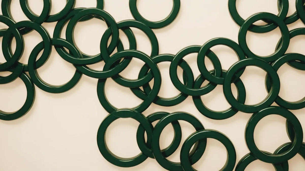 Abstract chain of connected geometric forms in pine green suggesting pipeline and connection