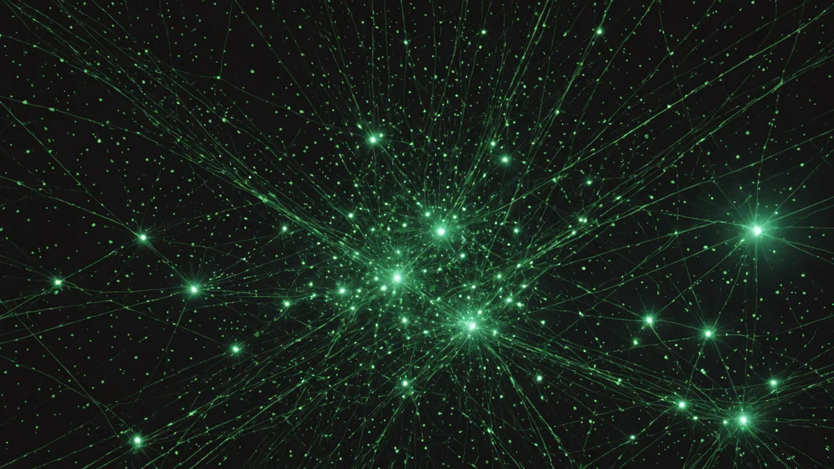 Abstract network of glowing nodes and connections in pine green against dark background