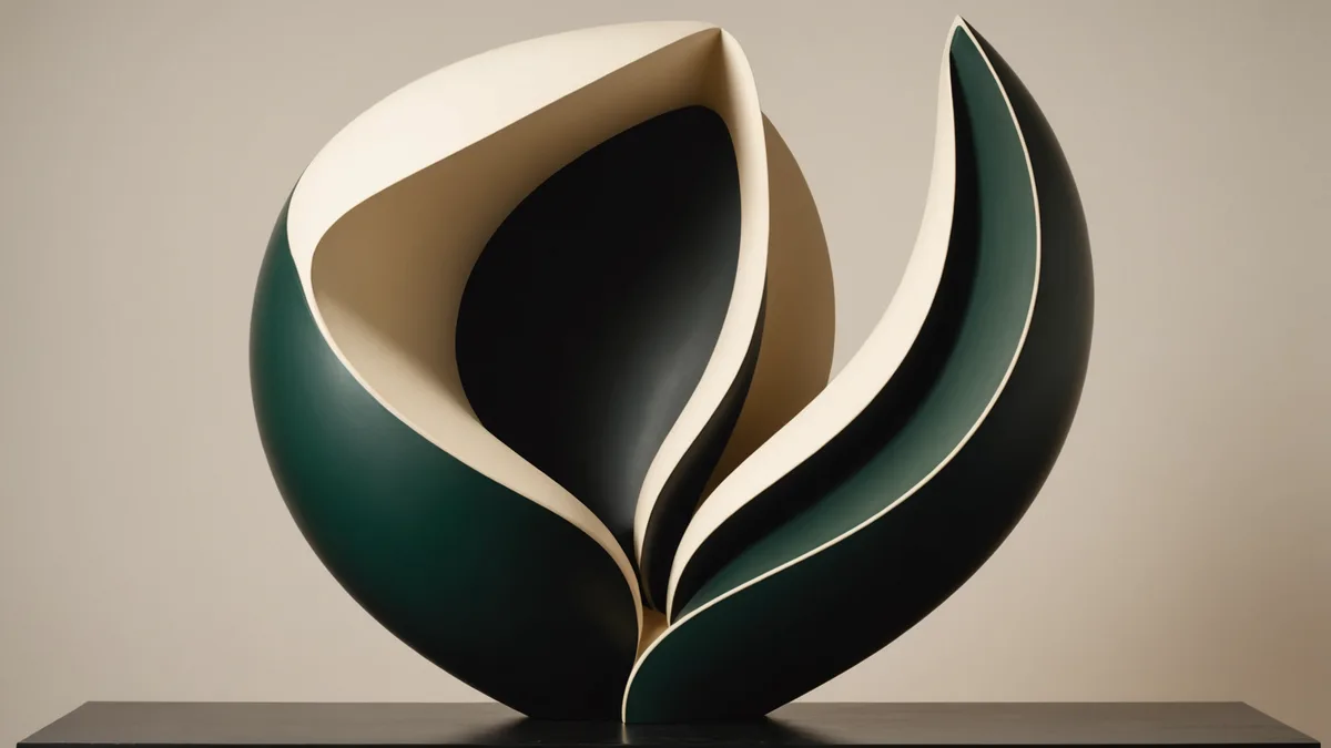 Abstract growth form emerging from dark soil into warm light, pine green organic shape against cream